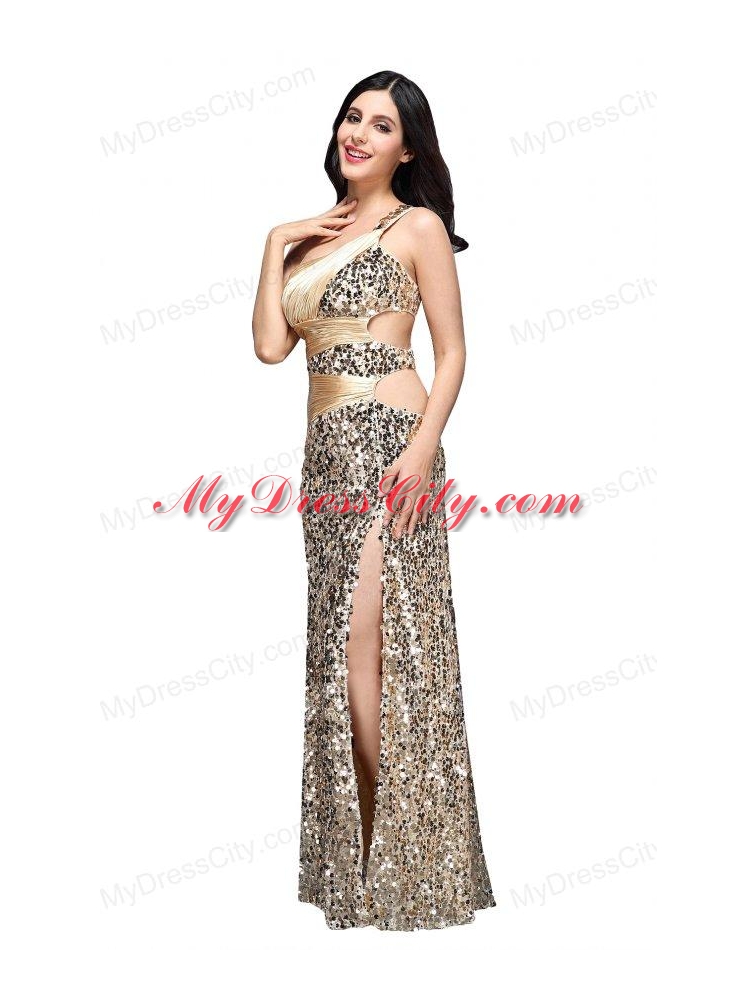 Column Champagne One Shoulder Sequins Ruching Floor-length Prom Dress