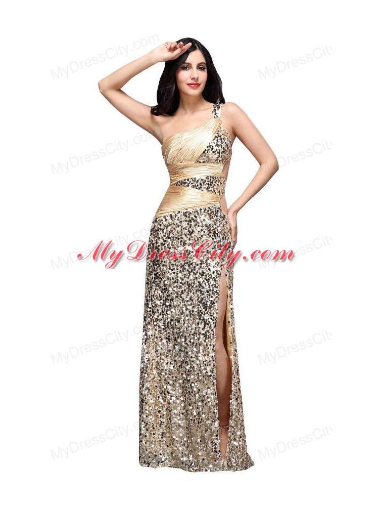 Column Champagne One Shoulder Sequins Ruching Floor-length Prom Dress