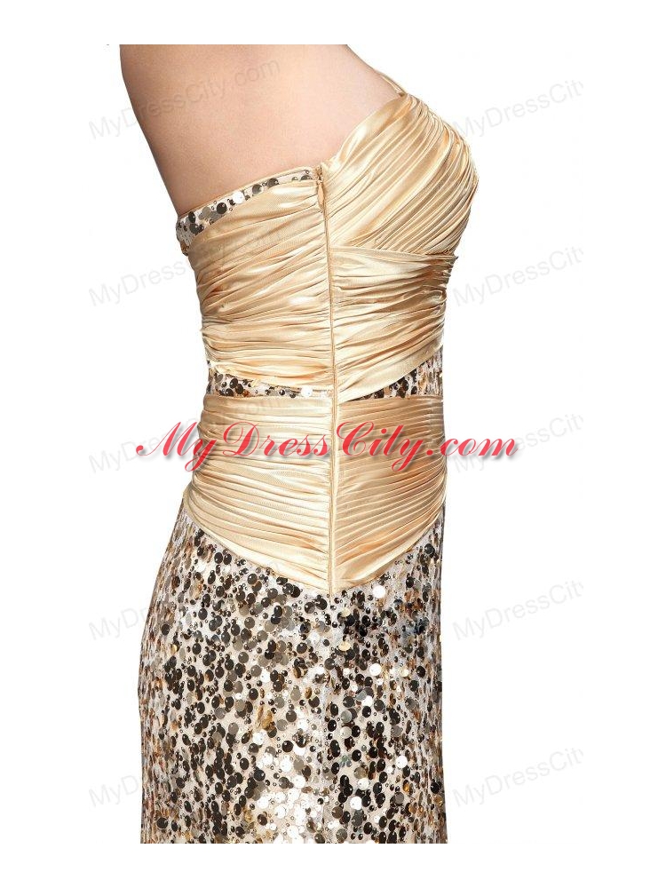 Column Champagne One Shoulder Sequins Ruching Floor-length Prom Dress