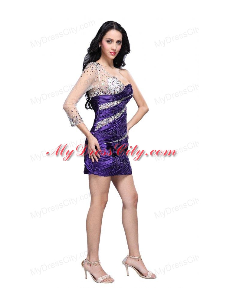 Column Eggplant Purple One Shoulder Long Sleeves Beading Mini-length Prom Dress