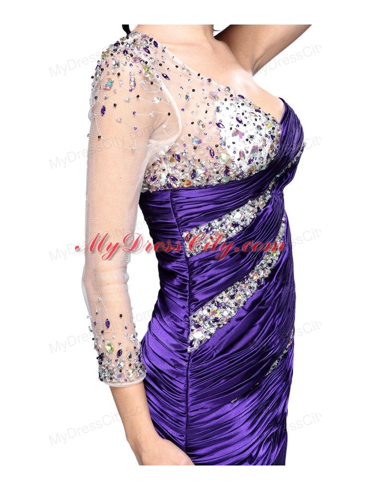 Column Eggplant Purple One Shoulder Long Sleeves Beading Mini-length Prom Dress