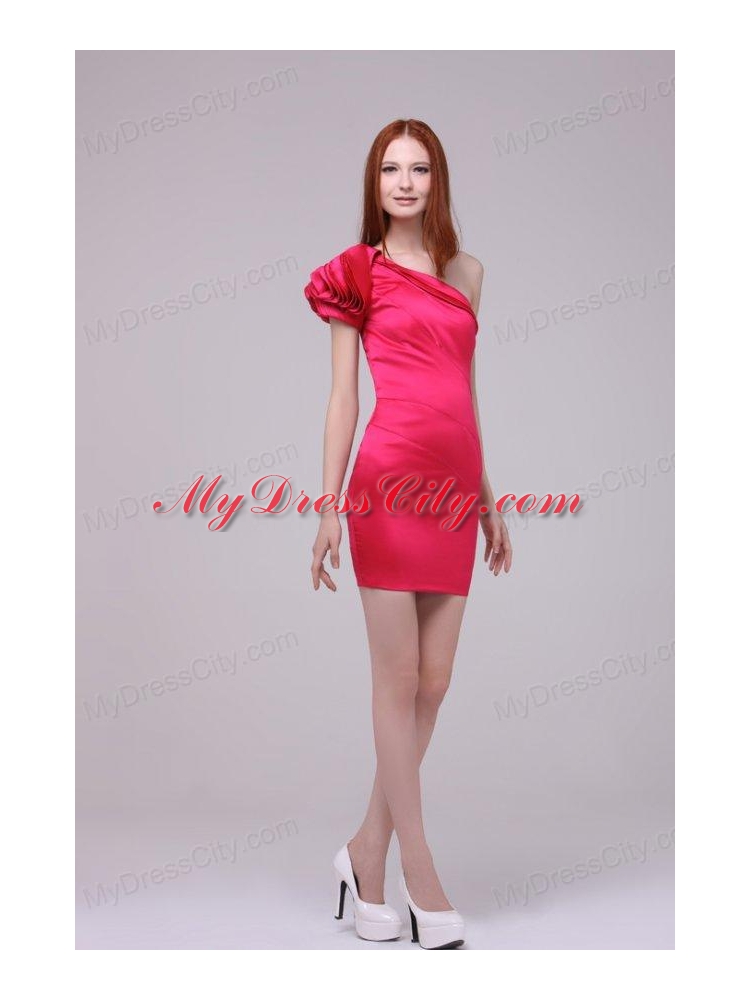 Column One Shoulder Short Sleeves Hot Pink Prom Dress