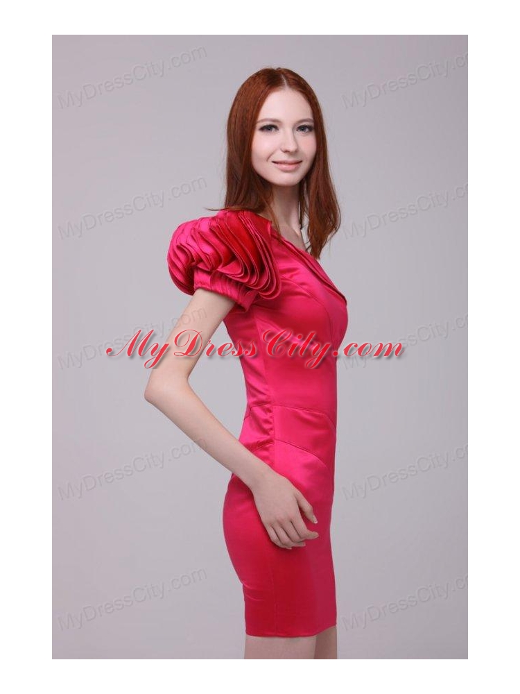 Column One Shoulder Short Sleeves Hot Pink Prom Dress