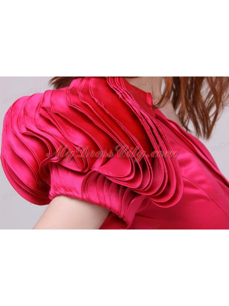 Column One Shoulder Short Sleeves Hot Pink Prom Dress