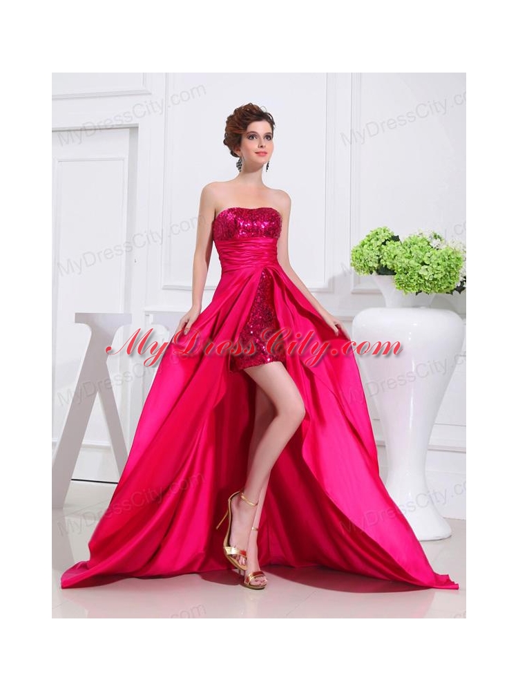 Column Sequins Brush Train Strapsless Hot Pink Prom Dress