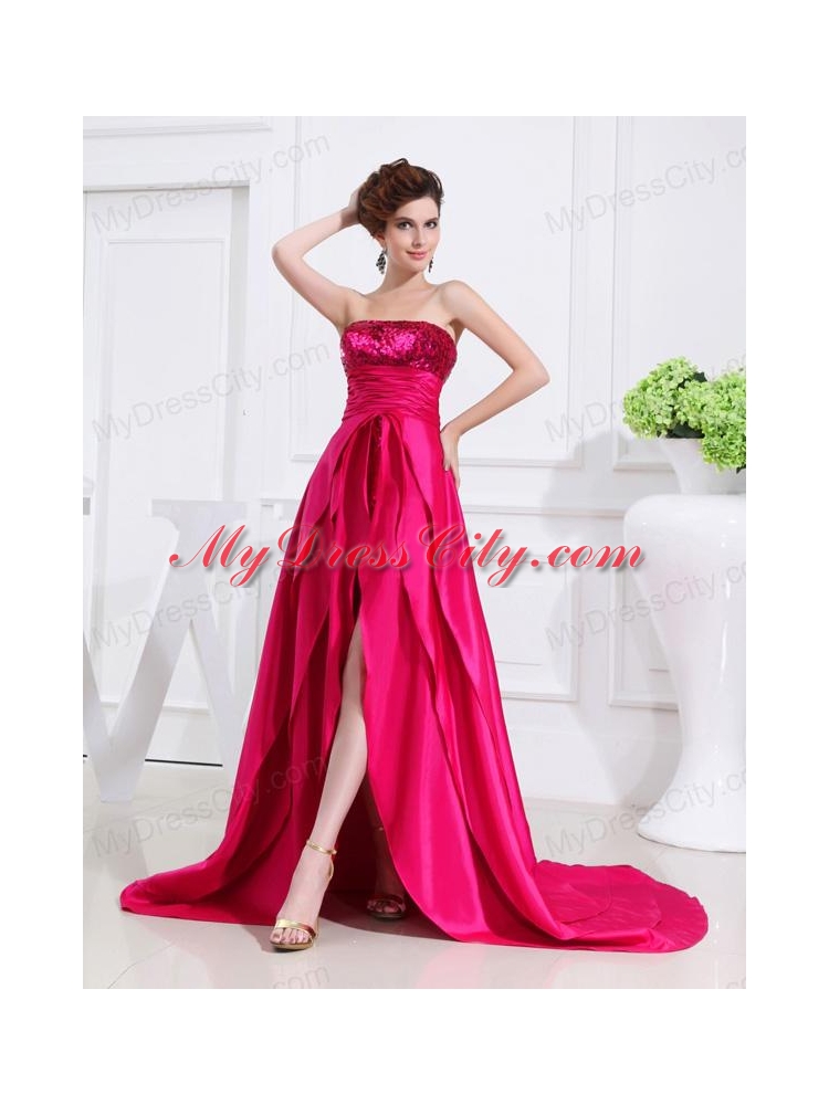 Column Sequins Brush Train Strapsless Hot Pink Prom Dress