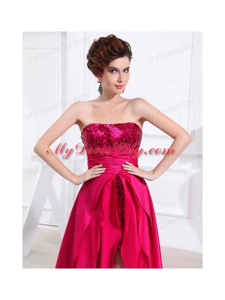 Column Sequins Brush Train Strapsless Hot Pink Prom Dress