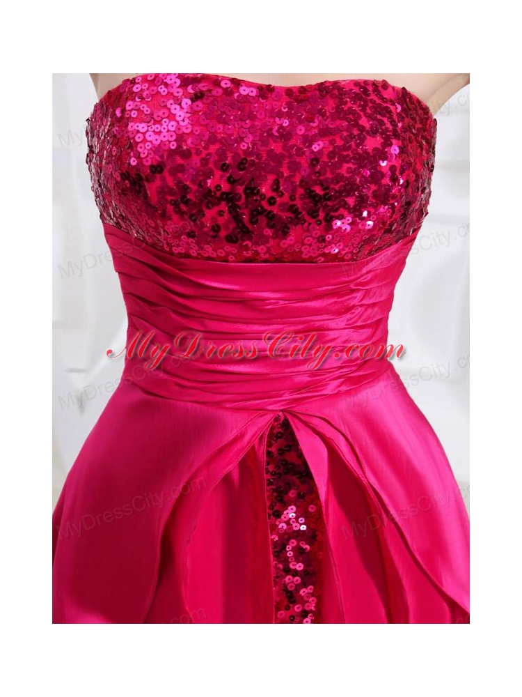 Column Sequins Brush Train Strapsless Hot Pink Prom Dress