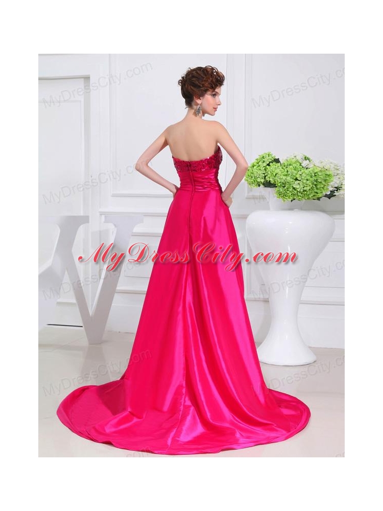 Column Sequins Brush Train Strapsless Hot Pink Prom Dress