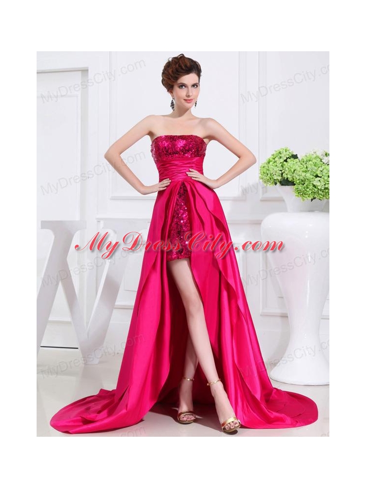 Column Sequins Brush Train Strapsless Hot Pink Prom Dress