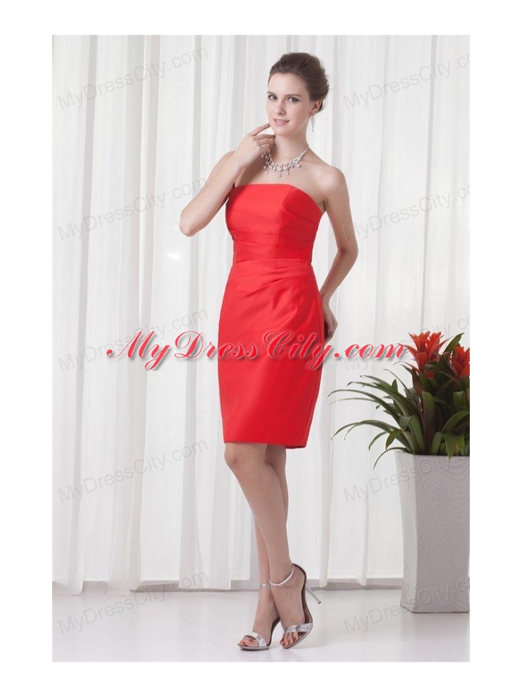 Column Strapless Mini-length Red Ruching Taffeta Prom Dress