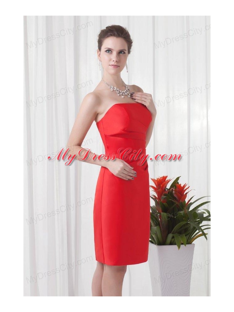 Column Strapless Mini-length Red Ruching Taffeta Prom Dress