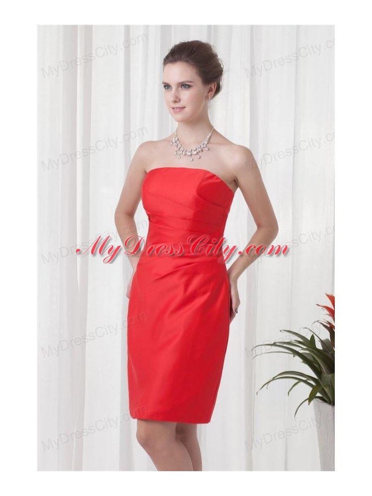 Column Strapless Mini-length Red Ruching Taffeta Prom Dress