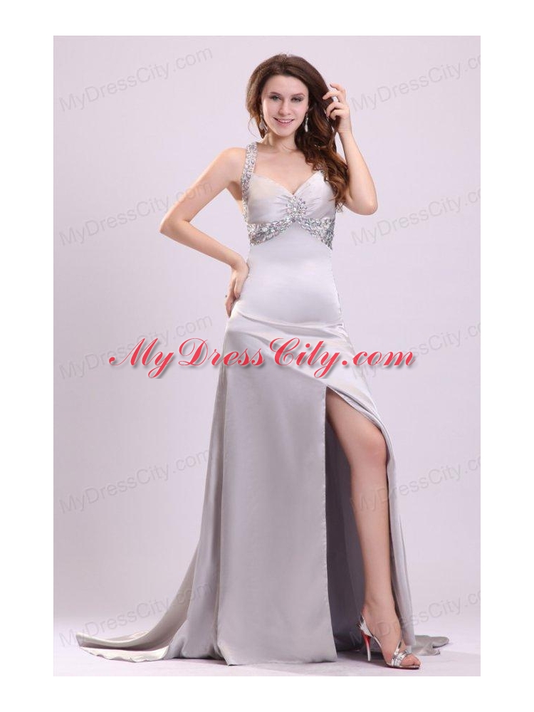 Column Straps Beading and Ruching High Slit Watteau Train Prom Dress