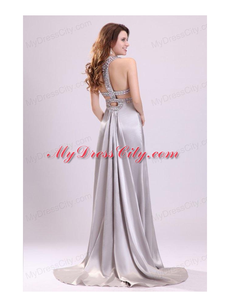 Column Straps Beading and Ruching High Slit Watteau Train Prom Dress