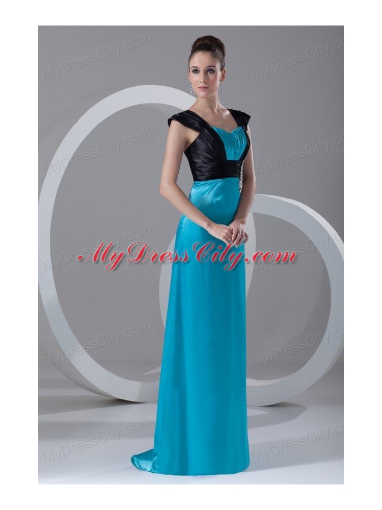 Column Straps Blue and Black Ruching and Appliques Elastic Woven Satin Prom Dress