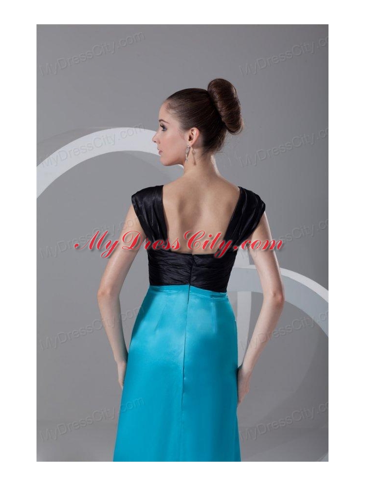 Column Straps Blue and Black Ruching and Appliques Elastic Woven Satin Prom Dress