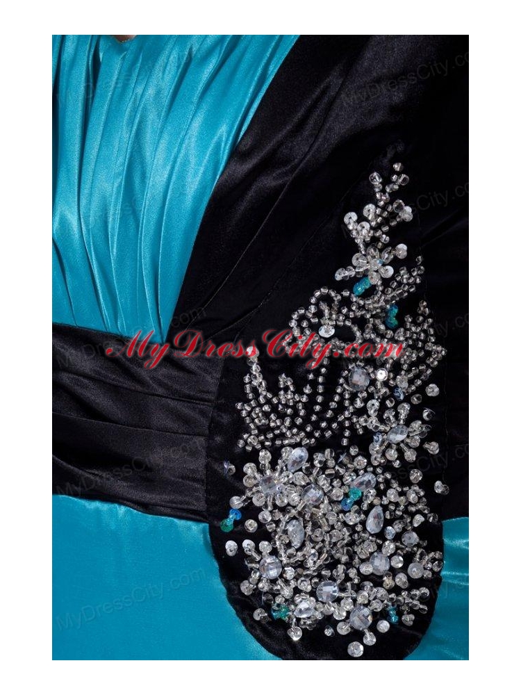 Column Straps Blue and Black Ruching and Appliques Elastic Woven Satin Prom Dress