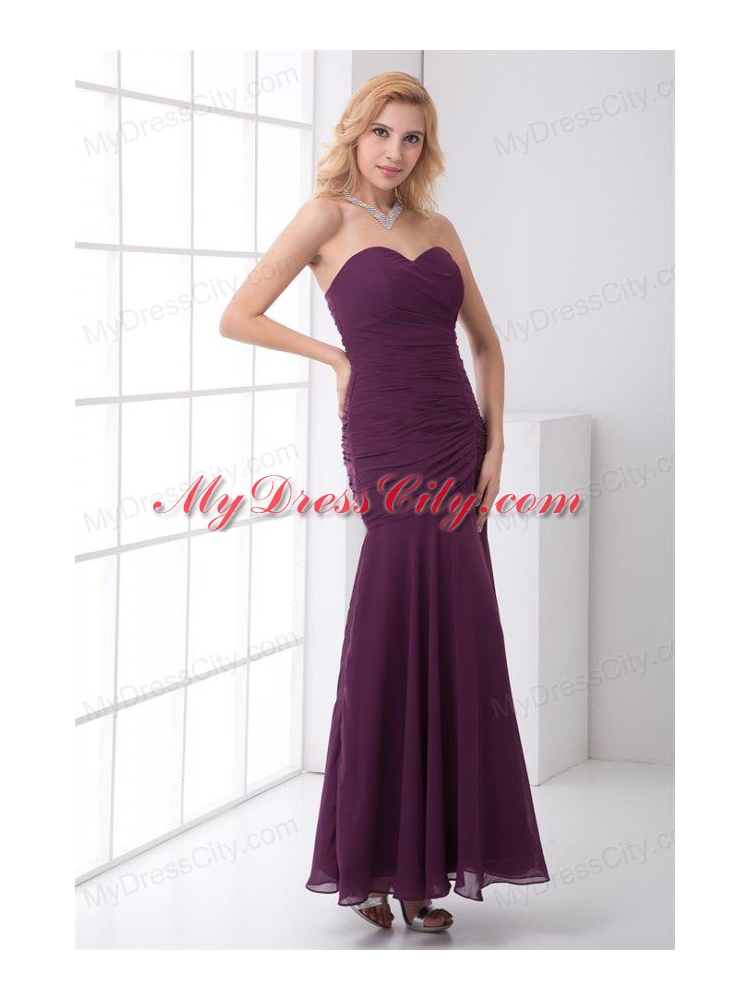 Column Sweetheart Ankle-length Chiffon Purple Prom Dress with Ruching