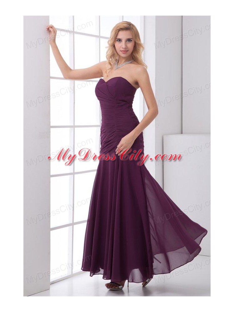 Column Sweetheart Ankle-length Chiffon Purple Prom Dress with Ruching