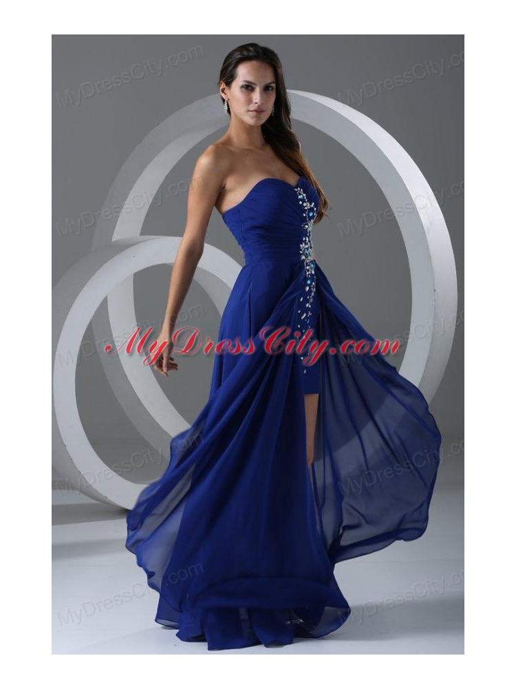 Column Sweetheart Royal Blue Beading And Ruching Chiffon Prom Dress