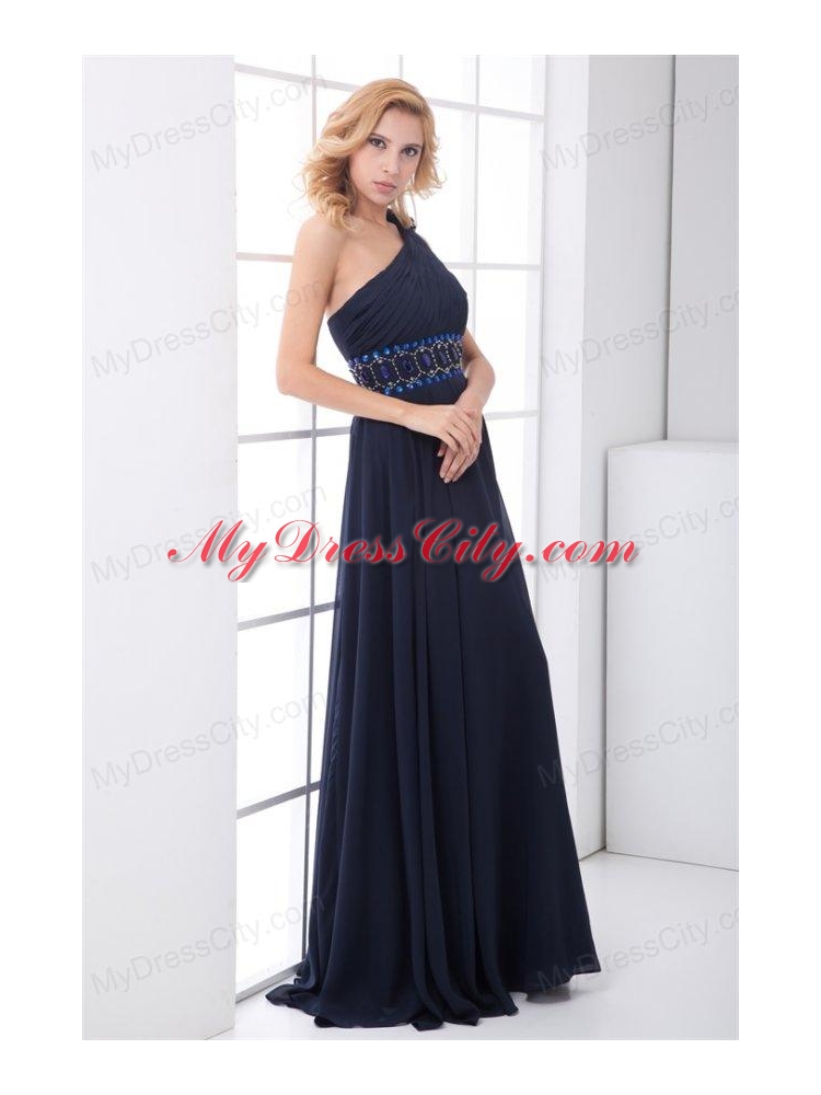 Discount Empire One shoulder Chiffon Navy Blue Beading Prom Dress with Side Zipper