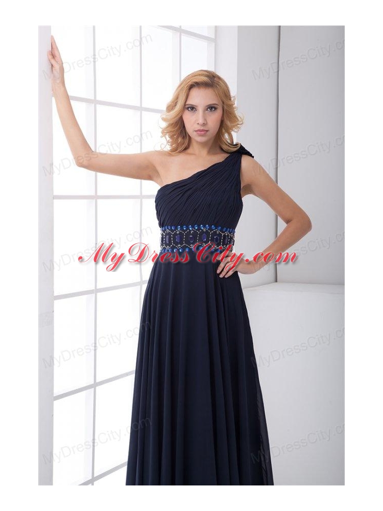 Discount Empire One shoulder Chiffon Navy Blue Beading Prom Dress with Side Zipper