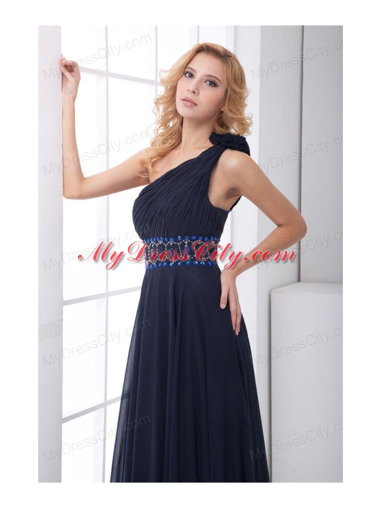 Discount Empire One shoulder Chiffon Navy Blue Beading Prom Dress with Side Zipper