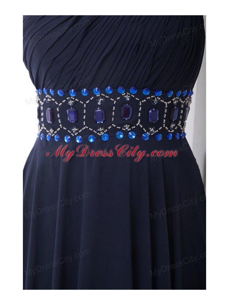 Discount Empire One shoulder Chiffon Navy Blue Beading Prom Dress with Side Zipper