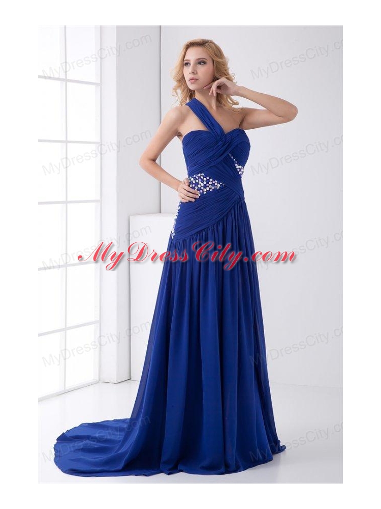 Elegant Empire One Shoulder Brush Train Beading Criss Cross Chiffon Blue Prom Dress