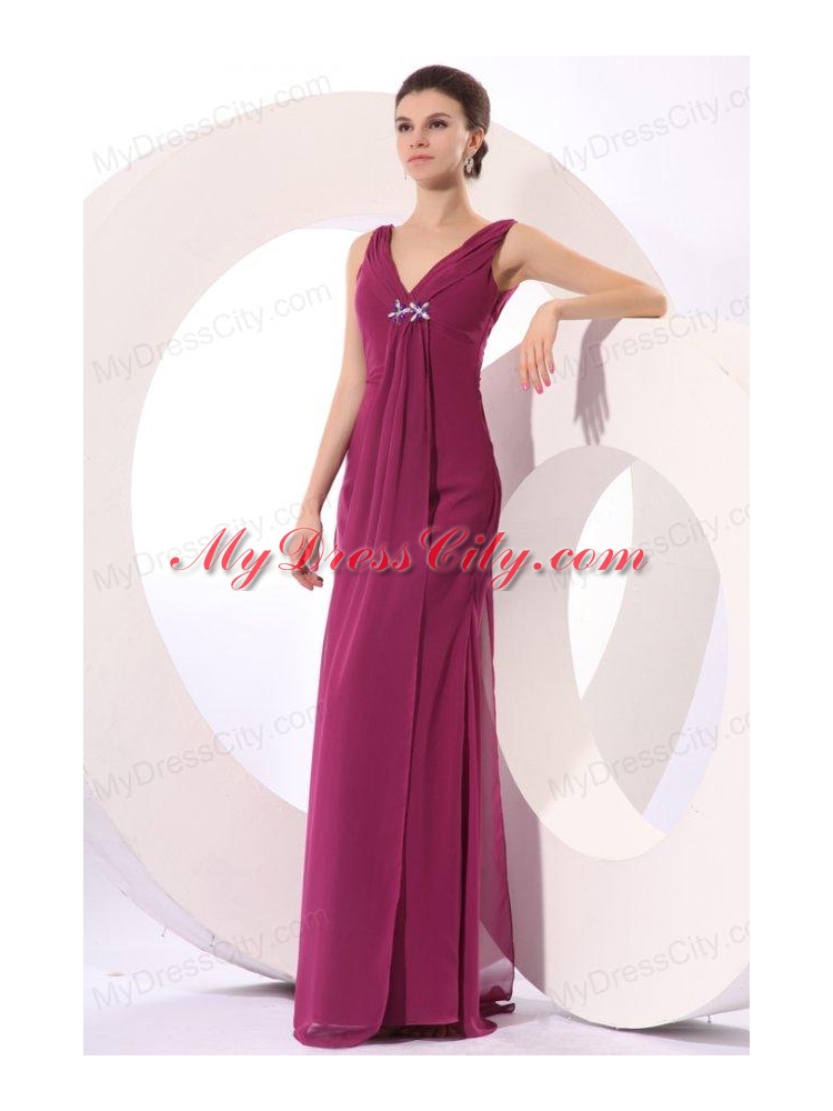 Elegant Empire V-neck Purple Beading Purple Chiffon Prom Dress