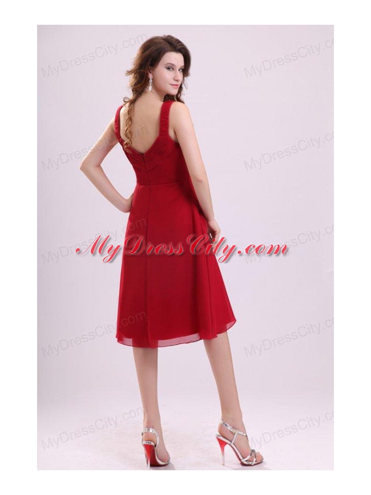 Empire Straps Ruching Chiffon Knee-length Wine Red Prom Dress