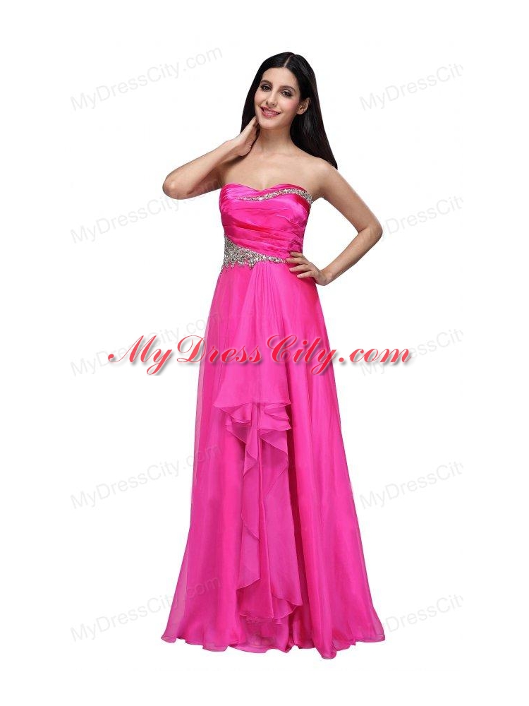 Empire Sweetheart Beading and Ruching Chiffon Hot Pink Prom Dress