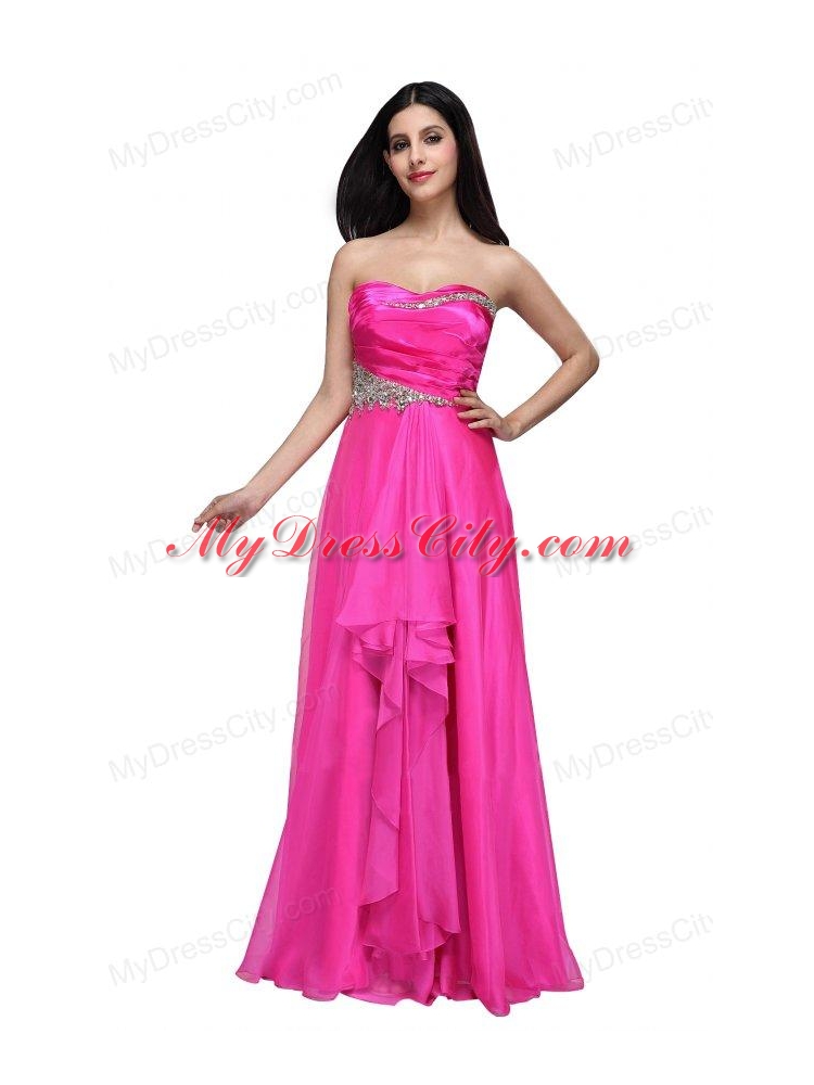 Empire Sweetheart Beading and Ruching Chiffon Hot Pink Prom Dress