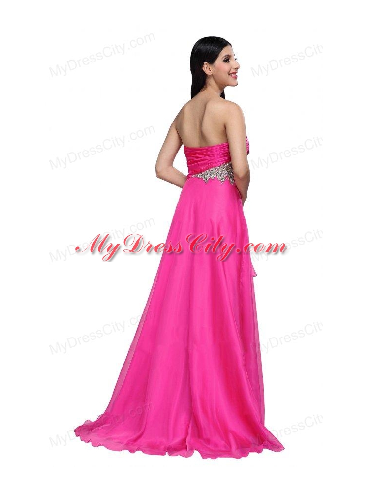 Empire Sweetheart Beading and Ruching Chiffon Hot Pink Prom Dress