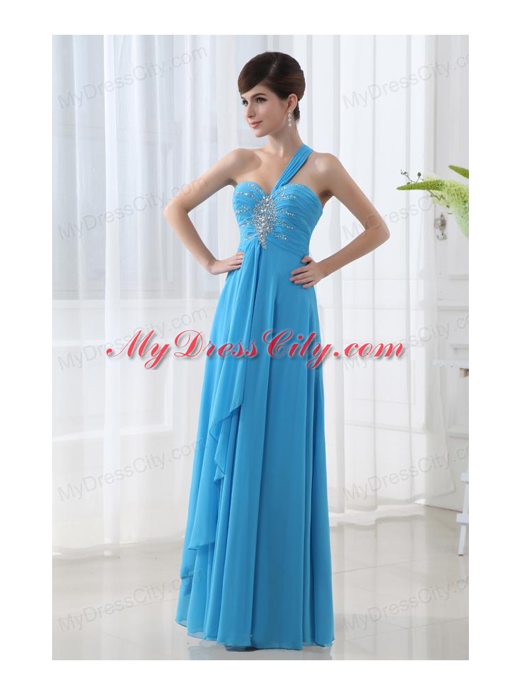 Empire Teal Blue Chiffon Prom Dress with One Shoulder Beading and Ruching