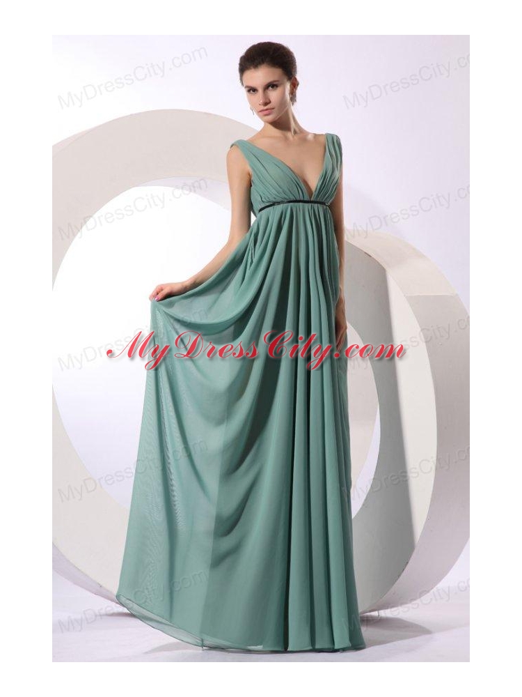 Empire V-neck Floor-length Light Blue Ruching  Chiffon Prom Dress