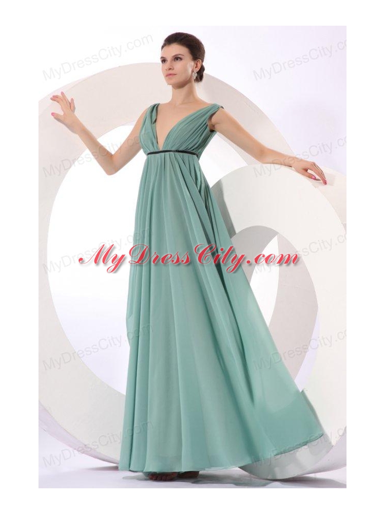 Empire V-neck Floor-length Light Blue Ruching  Chiffon Prom Dress