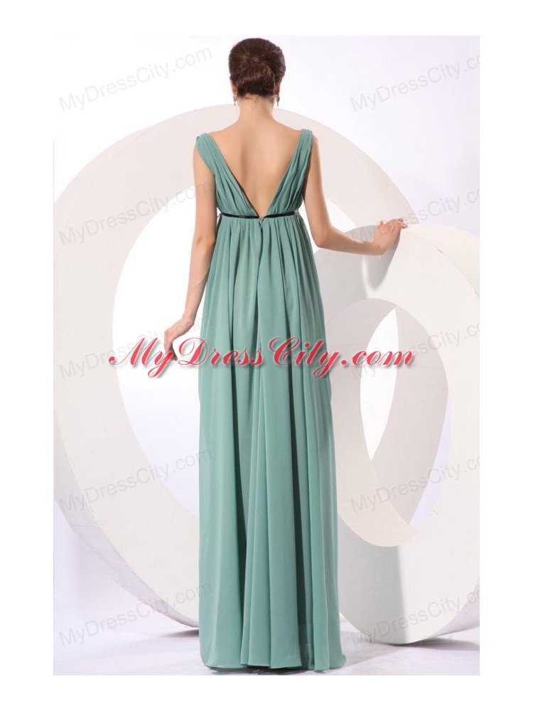 Empire V-neck Floor-length Light Blue Ruching  Chiffon Prom Dress