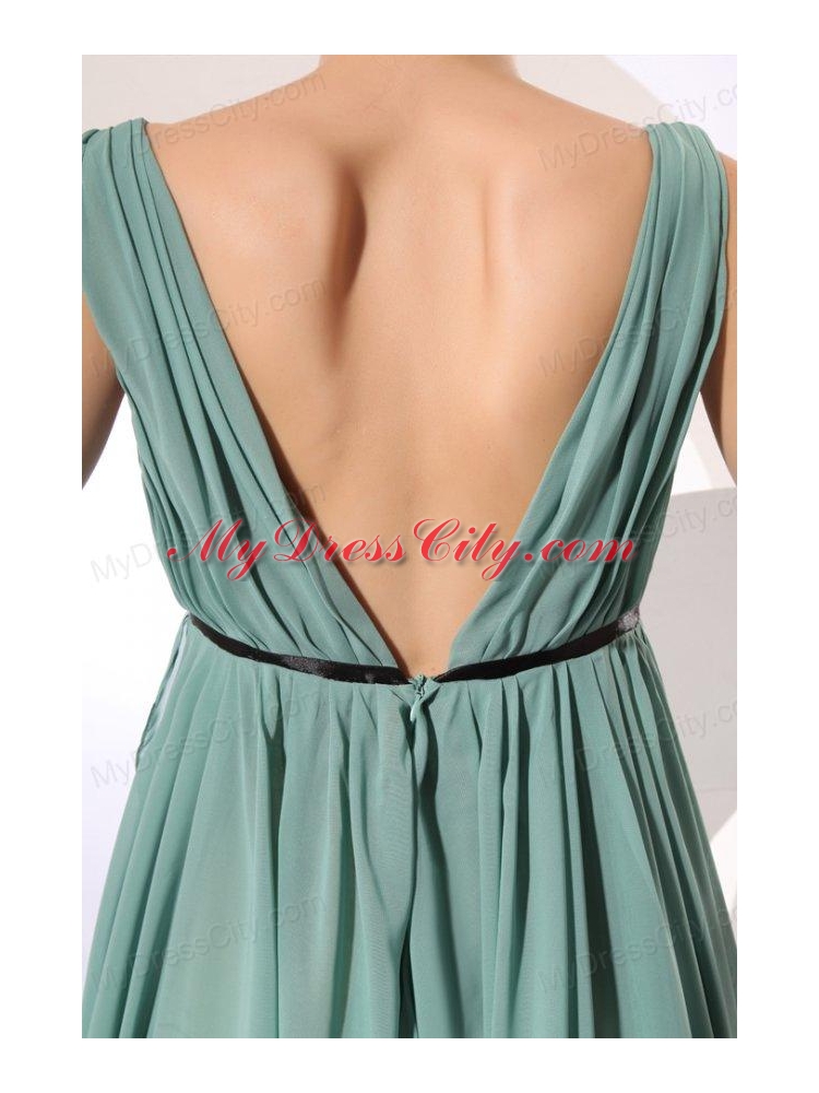 Empire V-neck Floor-length Light Blue Ruching  Chiffon Prom Dress