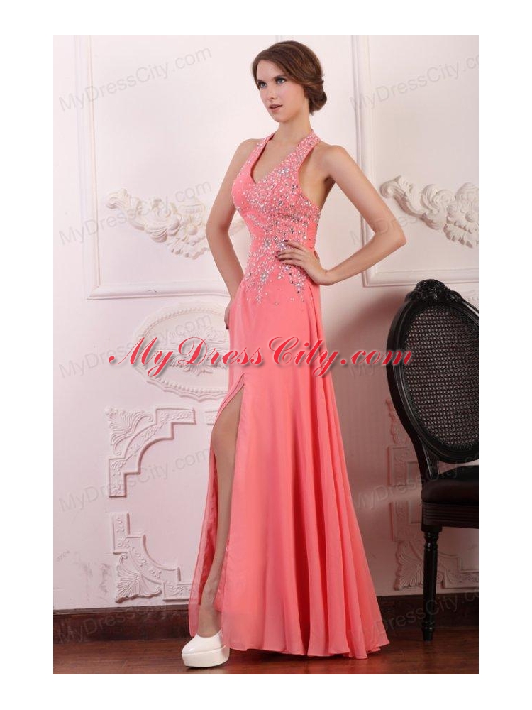 Halter Top Neck Chiffon Empire Beaded Decorate Full Length Prom Dress