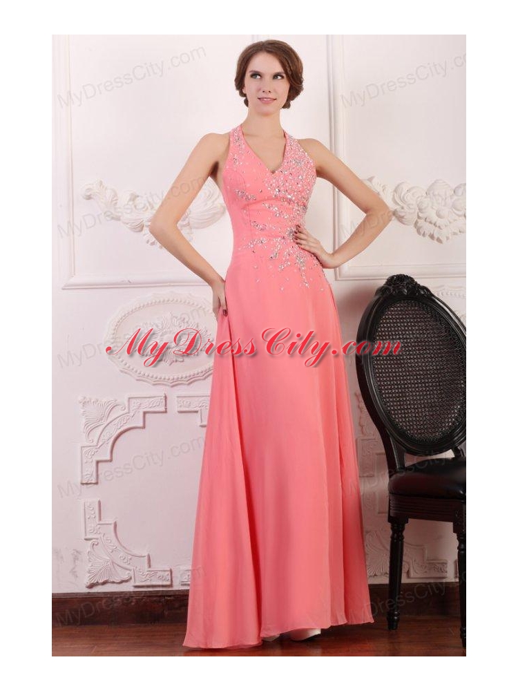 Halter Top Neck Chiffon Empire Beaded Decorate Full Length Prom Dress