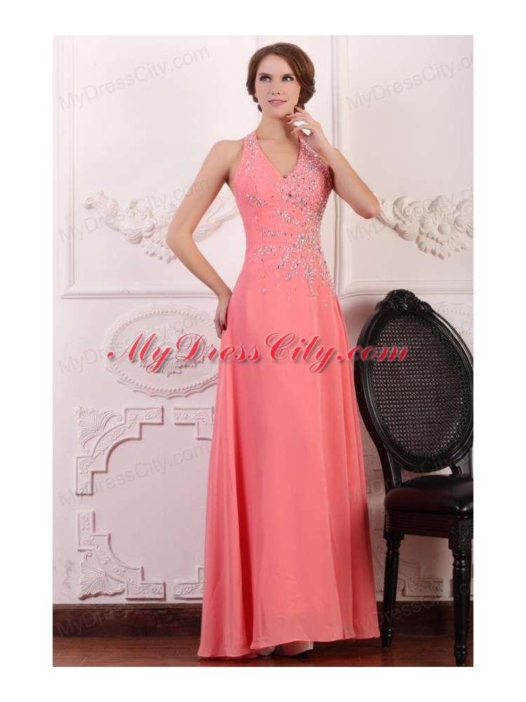 Halter Top Neck Chiffon Empire Beaded Decorate Full Length Prom Dress