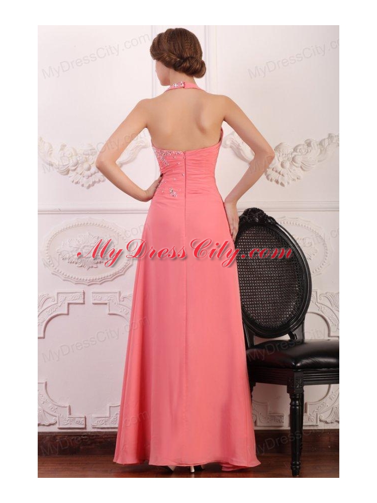 Halter Top Neck Chiffon Empire Beaded Decorate Full Length Prom Dress