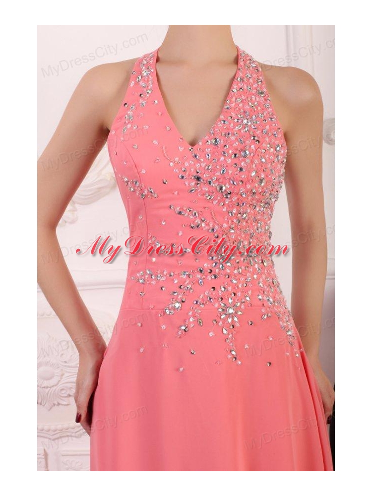 Halter Top Neck Chiffon Empire Beaded Decorate Full Length Prom Dress