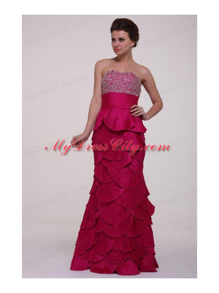 Hot Pink Column Strapless Prom Dress with Beading and Layers