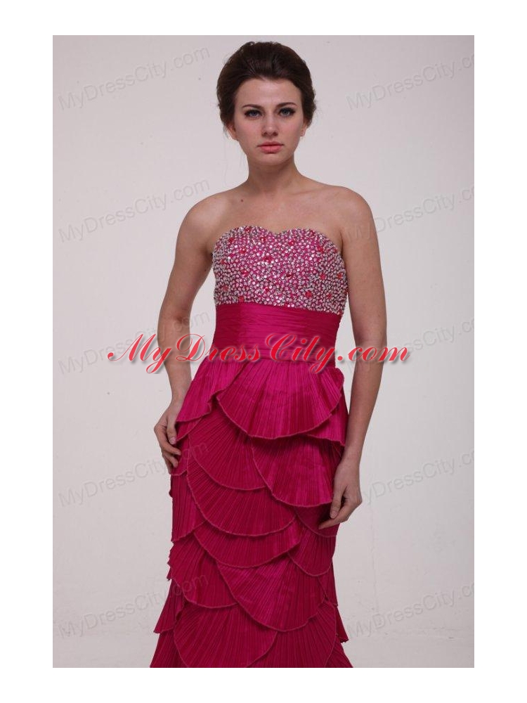 Hot Pink Column Strapless Prom Dress with Beading and Layers