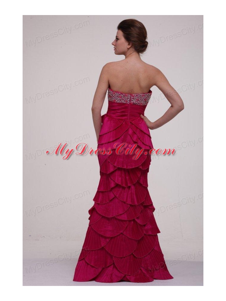 Hot Pink Column Strapless Prom Dress with Beading and Layers