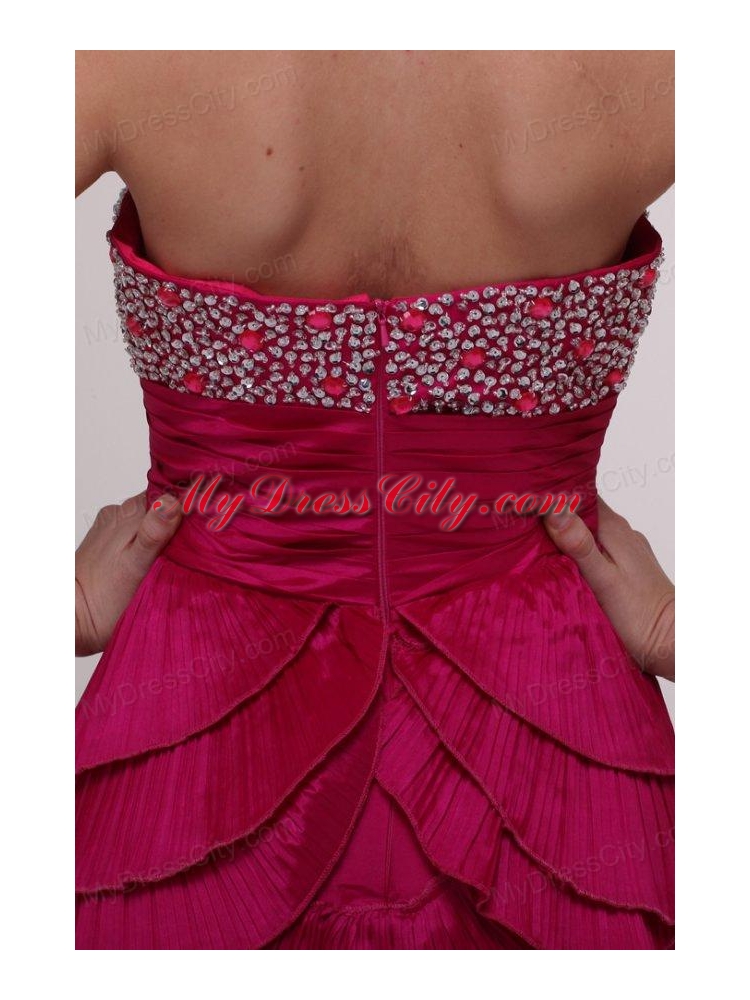 Hot Pink Column Strapless Prom Dress with Beading and Layers