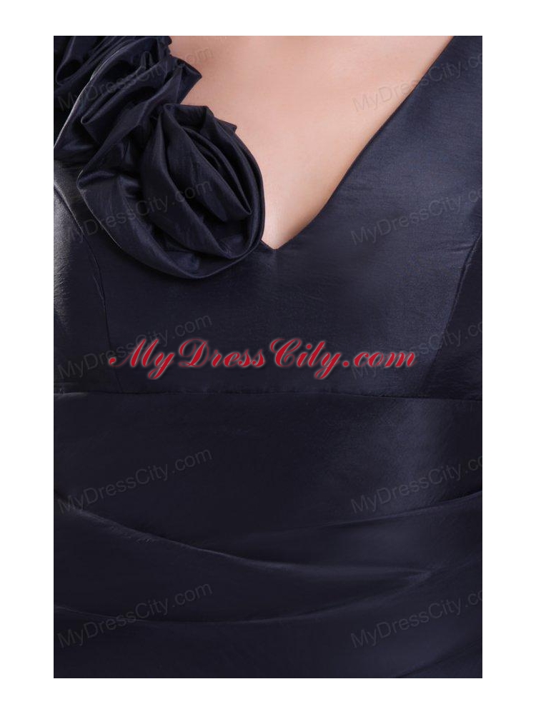 Navy Blue Column V-neck Prom Dress with Flowers